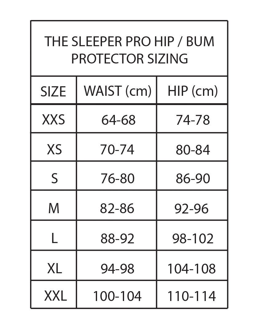 Gain The Sleeper Pro Hip/Bum Protectors – size chart